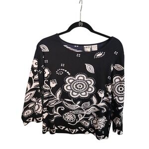 Vintage Black Floral Print Long Sleeve Top‎ Artsy Boho Casual Blouse
